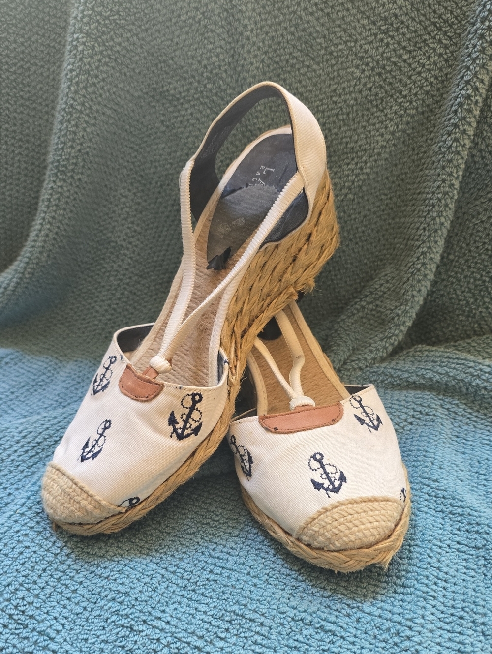 Ralph Lauren Cream Espadrille Wedges with Navy Anchor Embroidery